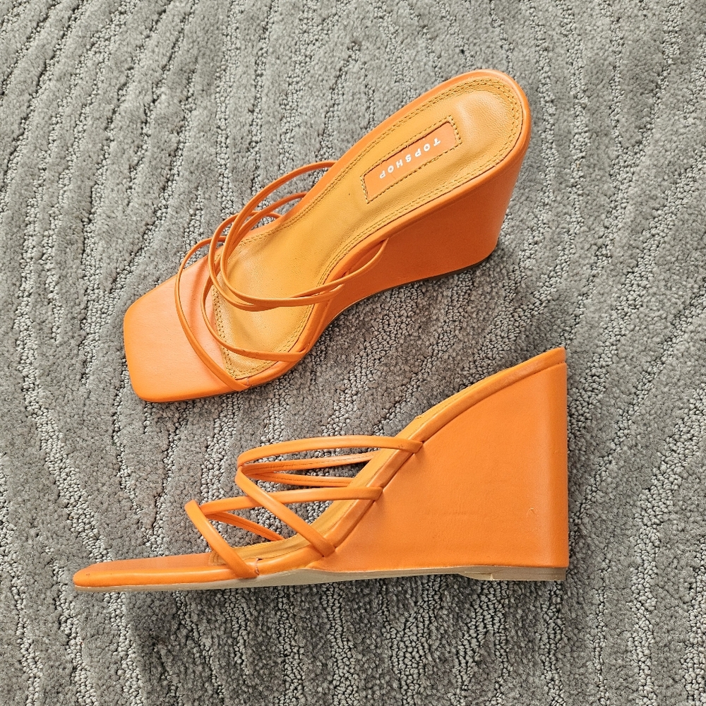 Women's High Heels Neon Orange Strappy Sandals Size 7 Square Open Toe